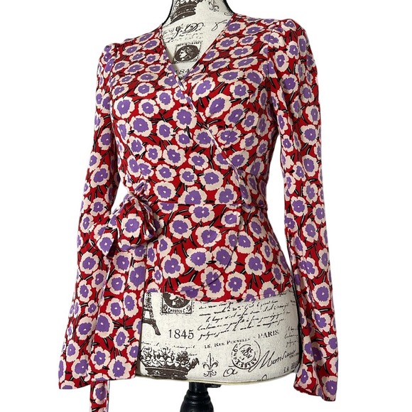 Diane Von Furstenberg Alexia Floral-Print Silk Crepe De Chine Wrap Top Size 2 - Picture 7 of 15